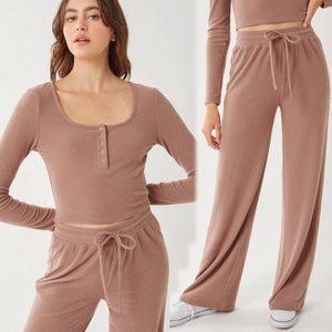 NEW Henley Long Sleeves Rib Knit Crop Top & High Waist Wide Leg Pants Cozy Set